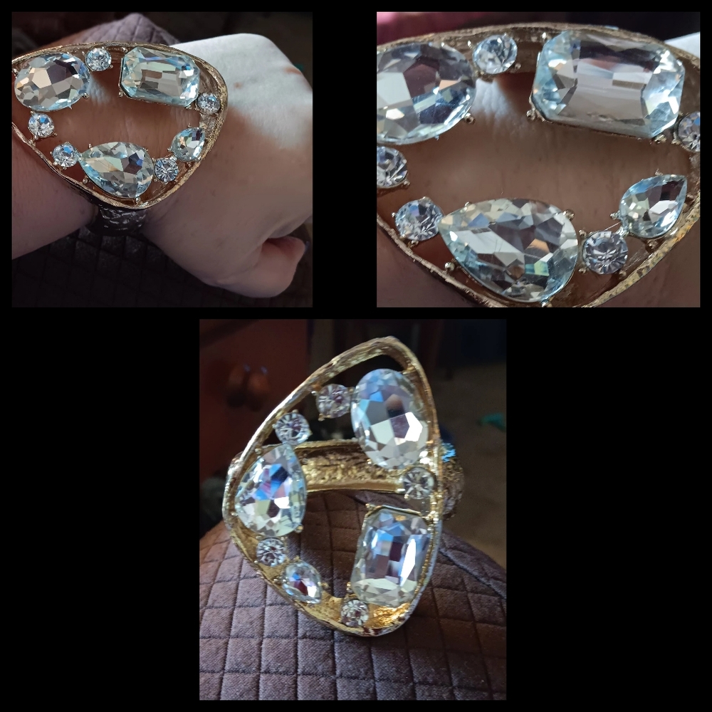 Crazy Crystal Statement Goldtone  Gemstone Clip Hinge Bracelet - Picture 11 of 12